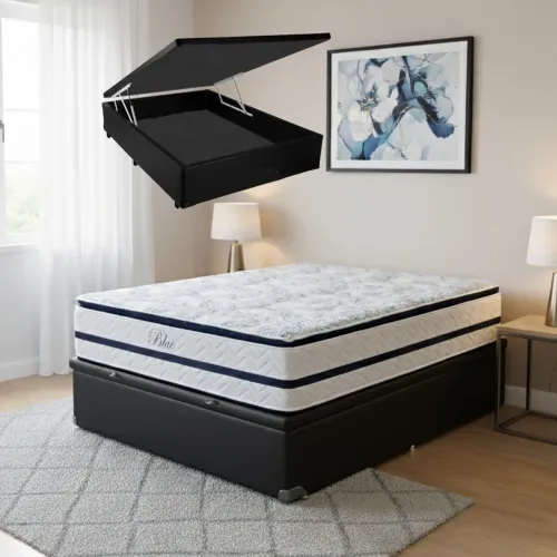Colchão Casal Blue 32 cm H33 Molas Ensacadas + Base Baú Corino Preto - PAROPAS