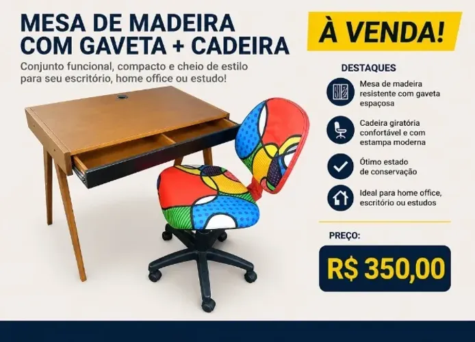 Mesa quadrangular com gaveta + cadeira giratória