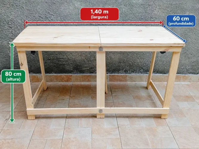 Mesa articulada dobrável feirante expositor festa decoração lazer madeira pinus
