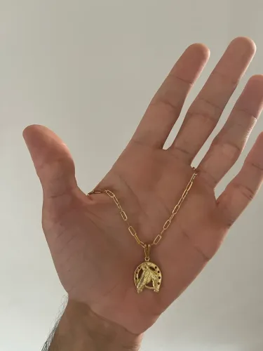 Cordão Moeda Antiga Banhado 18K C/ Pingente Ferradura Fecho Alongado 3mm 