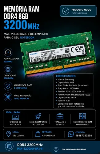 Kit com 2 Memórias RAM Samsung Originais de 8GB DDR4 3200MHz para Notebook (16GB no total)
