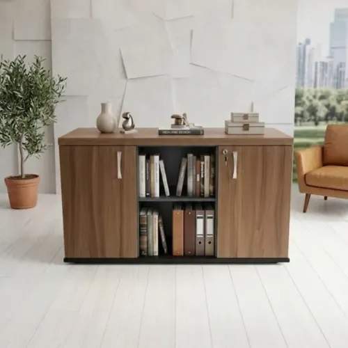 Armário Baixo Credenza PE40 Pandin 121,50 cm  em MDP Cor Walnut e Preto Dois Nichos
