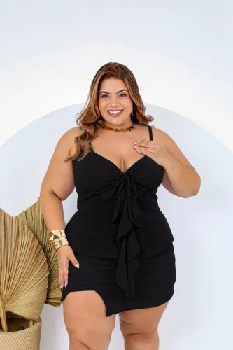 Conjunto Emilly saia com short e blusa franja tecido Ana ruga plus size 46 ao 52
