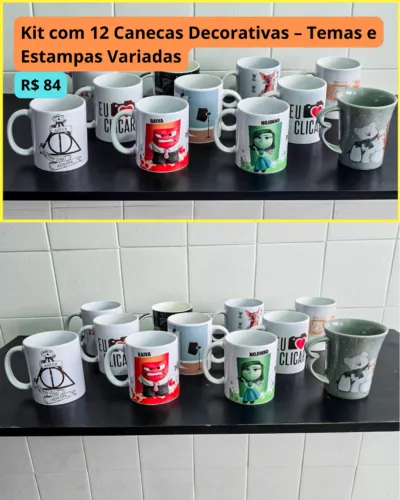 Kit com 12 Canecas Decorativas - Temas e Estampas Variadas