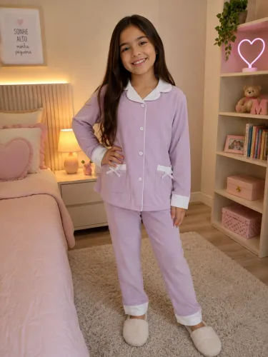 Pijama Infantil Feminino Lilás com Detalhes em Branco - Tamanho 10 a 11 Anos