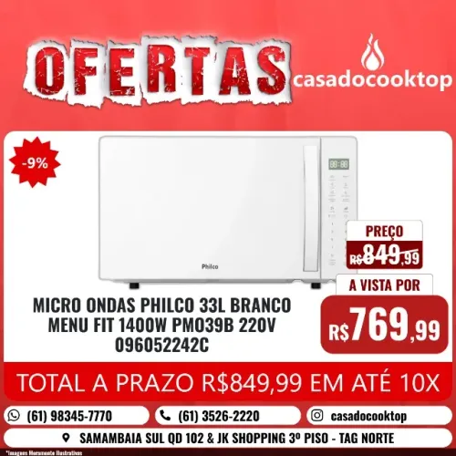 MICRO ONDAS PHILCO 33L BRANCO MENU FIT 1400W PMO39B 220V 096052242C
