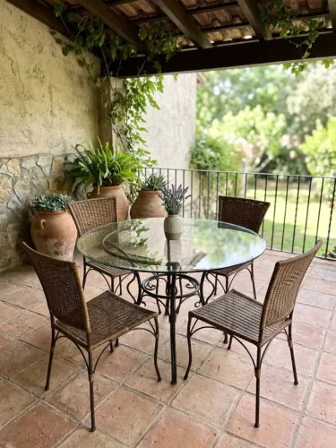 Conjunto de mesa redonda base metal com tampo de vidro e 4 cadeiras em Rattan natural