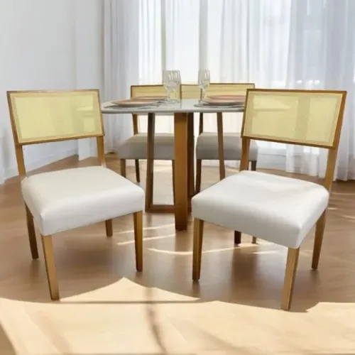 Mesa Pedro 90 x90 cm + 4 Cadeiras Grécia Mel/Linho Bege, Pronta Entrega.