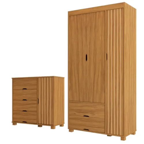 Guarda-Roupa 3 Portas + Cômoda 4 Gavetas com Sapateira Nature tt76