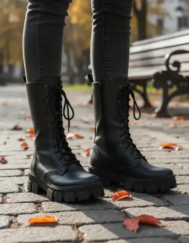 Bota Feminino Coturno Cano Alto Zíper Cadarço Lisa Casual...