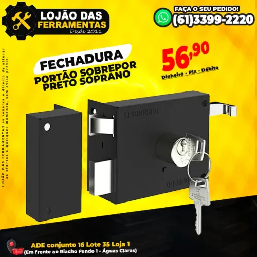 Fechadura Para Portão Sobrepor Preto Soprano