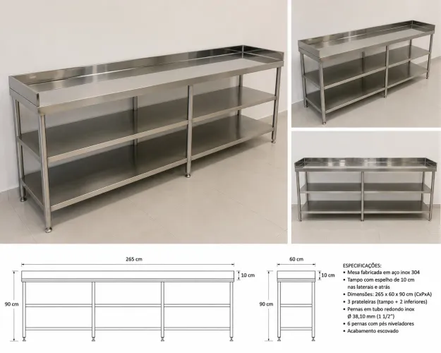 Mesa Inox 260x60x90 com Espelho