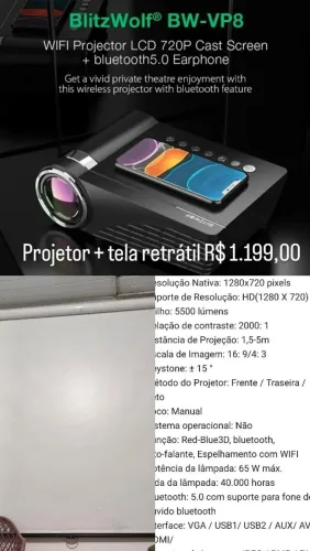Projetor mais tela retrátil