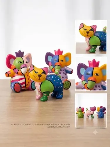 Trio Decorativo Pop Art (Gato e Elefantes) Estilo Romero Britto