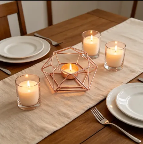 castiçal para velas - aramado geométrico - rose gold