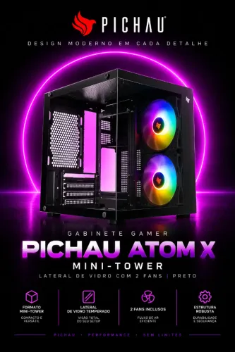 Gabinete Gamer Pichau Atom X Mini-Tower Lateral de Vidro Com 2 Fans Preto (NOVO/LACRADO!)