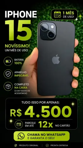 iPhone 15 128 GB 1 Mês de uso, bateria 100%