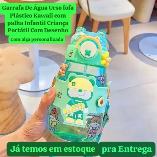 Garrafa de Água Urso Kawaii Infantil com Palha e Alça Personalizada