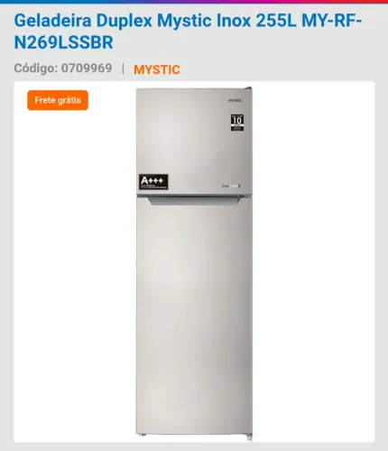 Geladeira duplex mystic 255l inverter inox