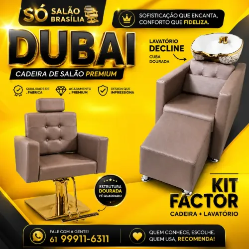 Kit Factor Dubai Premium Para Salão | Cadeira + Lavatório Decline Dourado 