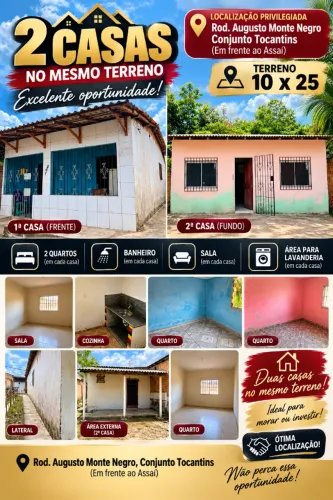 ? OPORTUNIDADE IMPERDÍVEL! Duas casas no mesmo terreno de 10×25, uma na frente e outra n