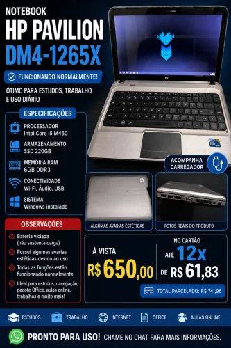 Notebook HP Pavilion DM4 i5 - SSD 220 e 6GB memória