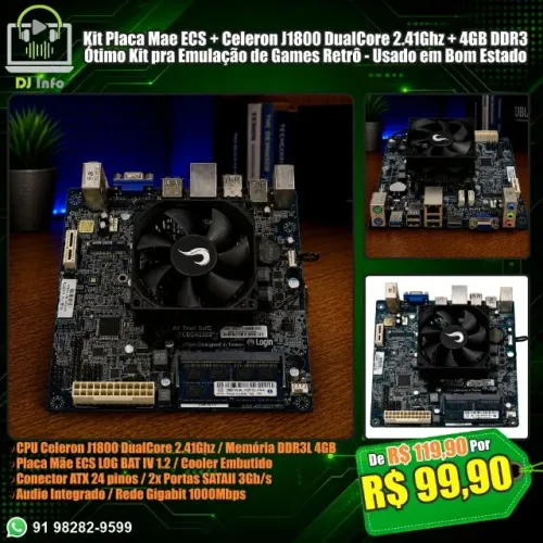 Kit Placa Mae ECS + Celeron J1800 DualCore 2.41Ghz + 4GB DDR3 Kit pra Emulação Games Retrô