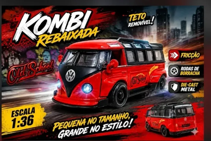 Carrinho de Metal Kombi Vermelha/Preta 1:36