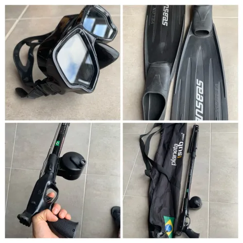 Kit Pesca Sub Arbalete PK Sub 70, nadadeira seasub TAM 41 e máscara vedação silicone