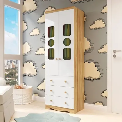 Roupeiro Infantil Tedy 2 Portas e 3 Gavetas, 100% MDF - Peroba