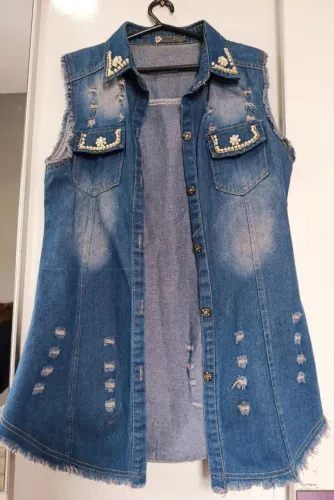 colete jeans h&f modas com pérolas m