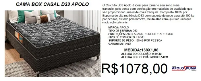 Cama box casal com colchão espuma d33 apolo - à pronta entrega