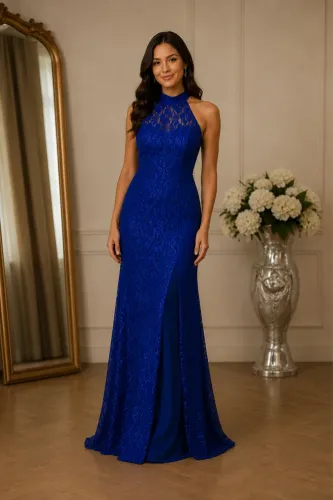 Vestido de Festa Longo Azul Royal Rendado com Brilho - Tam. P