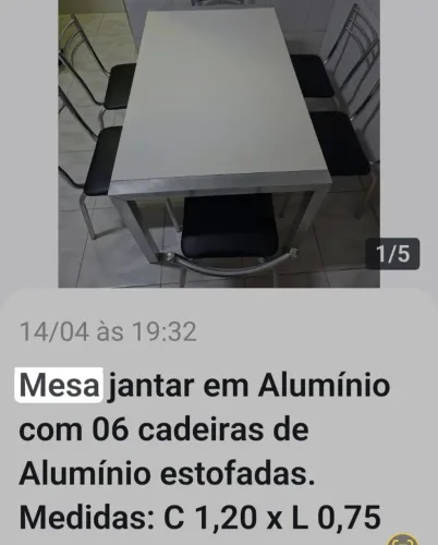Mesa branca laca/alumínio + 6 cadeiras pretas estofadas/alumínio 