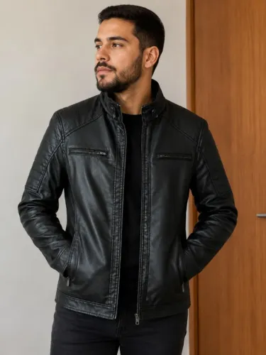 Jaqueta Masculina de Inverno Couro Sintético com Forro Peluciado TAM EGG
