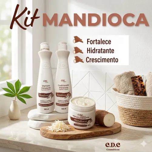 Kit Mandioca 3 itens 500ml cada, nutrição intensa pro cabelo 