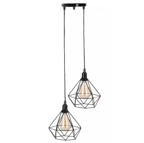 2 Pendentes Luminarias lustres Diamante Aramado Preto Duplo Canopla Única Cabo Regulavél