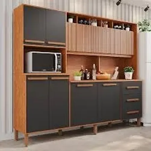 Armário de Cozinha Angelina Prime Frisada 9Pts 3Gvs Cinamomo.Grafite Imop - Entrega Rápida