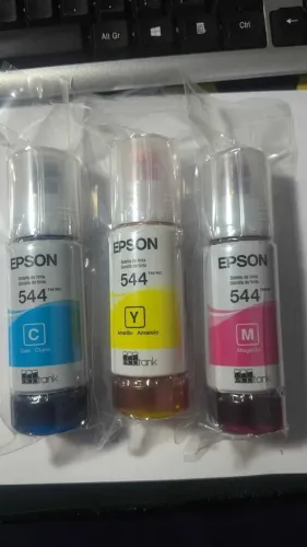Kit com 3 garrafas impressoras Epson 544 original lacrada tinta azul magenta amarela