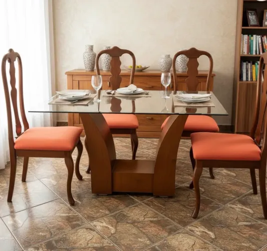 Mesa de jantar de 4 lugares tampo de vidro e base de madeira