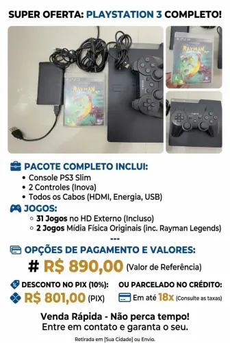 PS3 Slim Completo + HD Externo c/ 31 Jogos + 2 Jogos Mídia Física + 2 Controles?