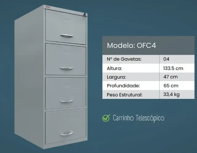 Arquivo de Aço - 4 Gavetas - Trilho Telescópico - OFC4