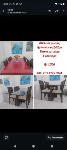 Mesa de Jantar Retangular 2,02cm Tampo de Vidro 6 Cadeiras