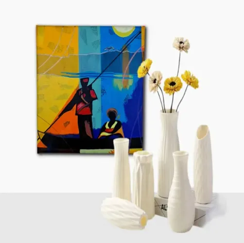 Mini Quadro com Barqueiro transportando uma mulher em Acrílico 30x25cm