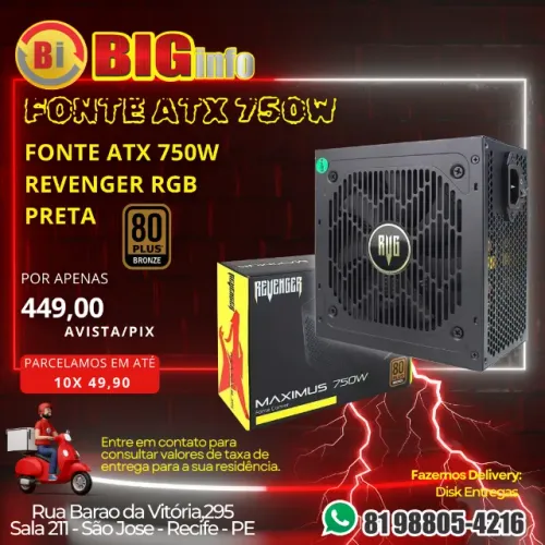 Fonte Alimentação Gamer 750w Bivolt 80plus Bronze Silencioso Preto