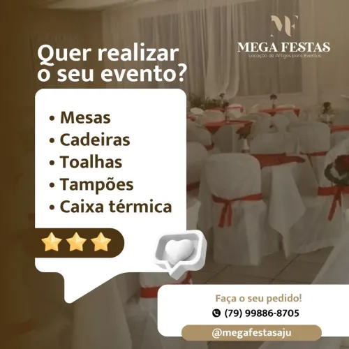 Aluguel de mesas, cadeiras, caixa térmica, toalhas e tampões