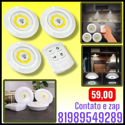 Kit 3 Lampada Luminaria Led Sem Fio Controle Remoto