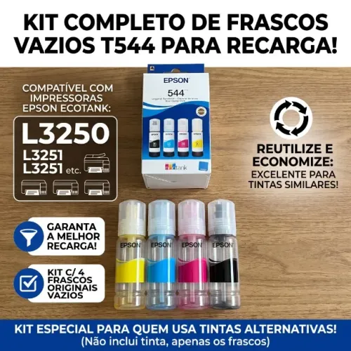Kit 4 Frascos Vazios T544 Recarga Epson EcoTank L3250 L3251 L3150 L3110