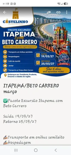 Vendo 2 vagas para uma viagem para Itapema com passeio para Beto Carrero