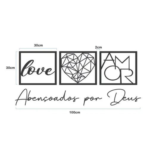 Kit 3 Quadros MDF Preto: Love, Coração e Frase Religiosa c/ Dupla Face